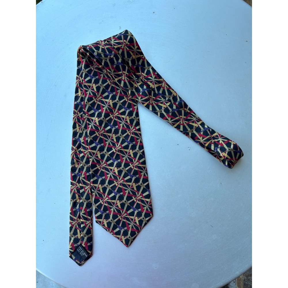 Jhane Barnes Mens Silk Necktie Geometric Abstract Black Red Purple Made in Japan